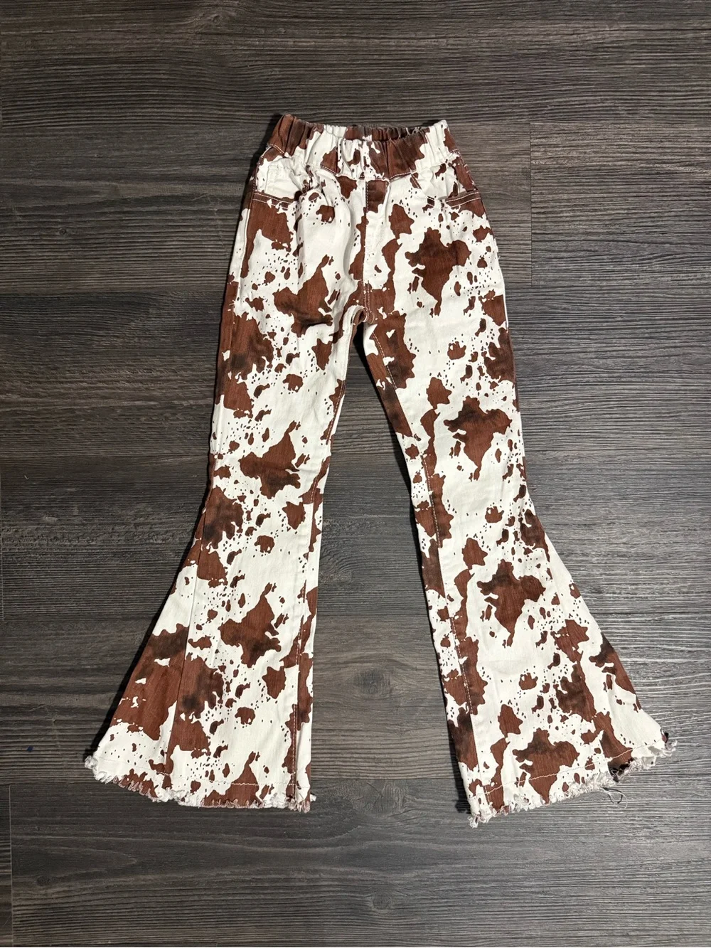 Girls Size XXS Cowprint Flared Pants in White & Brown